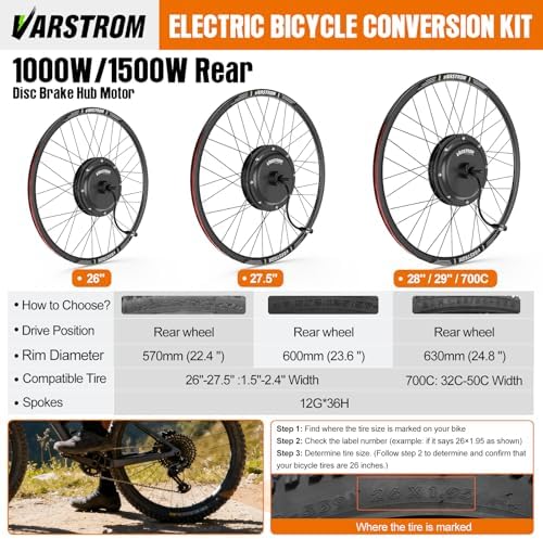 Varstrom 48V 1000W 1500W Rear & Front Hub Motor Kit - Ebike Conversion Kit for 26"/27.5"/28"/29"/700C Front Rear Wheel,Electric Bike Conversion Set with Display & Ebike Battery (Optional) - 2