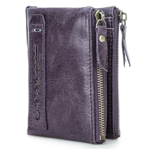 Image of CONTACTS Soft Leather Wallet for Women Small Bifold Coin Purse Double Zipper Card Holder with RFID Blocking (Eggplant Purple)