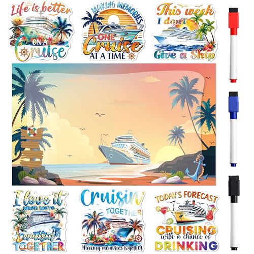 Cruise Door Decorations Magnetic, 7 Pcs Tropical Nautical Quote Cruise Magnets, Dry Erase Message Board Magnetic Ship Cabin Door Signs Fridge Magnets Decor with 3 Pcs Pens