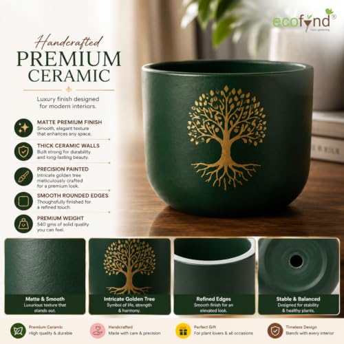 Image of ecofynd 4.5 Inch Tree of Life Terracotta Pot for Indoor Plants, Decorative Clay Planter with Drainage Hole, Flower Pot for Succulents, Cactus, Herbs, Home, Office & Balcony Decor (TPOT011-BLK)