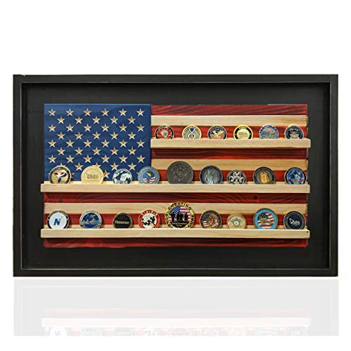 Flags of Valor Framed American Flag Challenge Coin Display, Holds 40 Military Coins,18 1/2