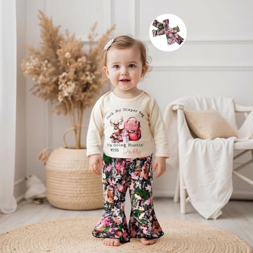 Baby Girl Hunting Outfit Letter Deer Print Long Sleeve Romper and Leaves Flare Pants Set Newborn Fall Clothes Headband2
