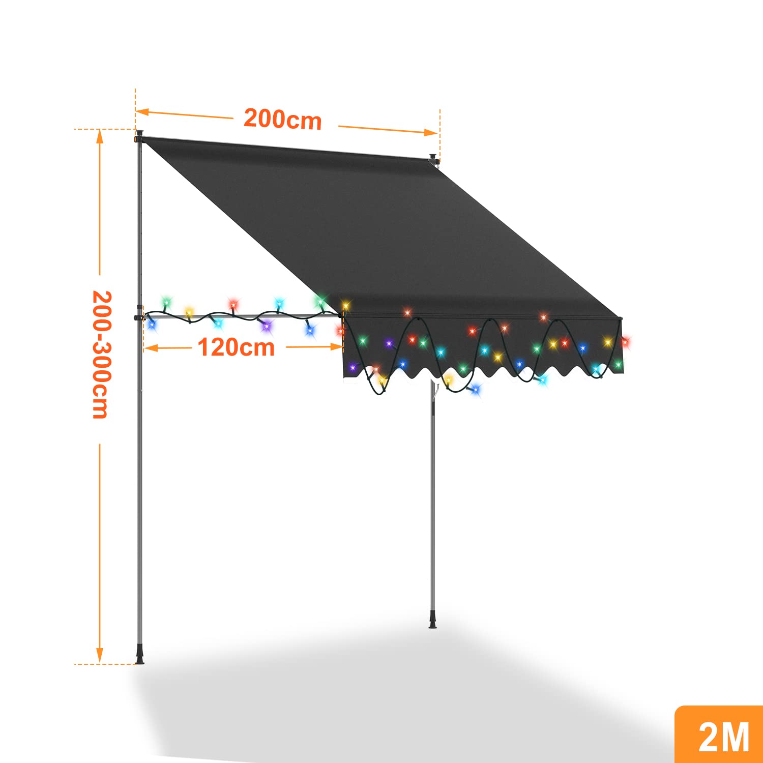 Gimisgu Markiza zaciskowa, 200 x 120 cm, z solarnym kolorowym łańcuchem świetlnym LED, 2 w 1, markiza balkonowa z korbą ręczną, z regulacją wysokości, ochrona przed promieniowaniem UV, bez wiercenia,