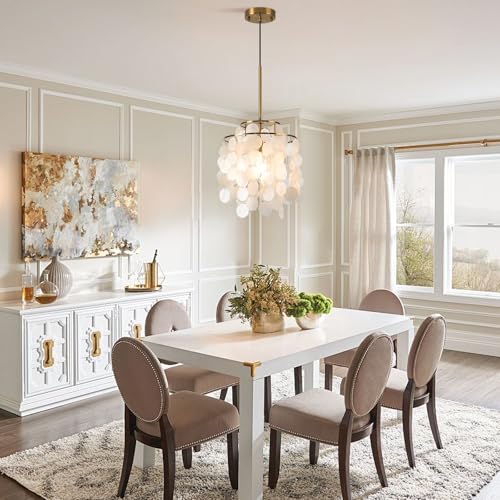 FISGONI Capiz Shell Pendant Light 2 Tiers Round White Chandelier Coastal Ceiling Hanging Fixture for Living Roo,Dining Table, Bedroom, Kitchen, Foyer,W-11'' - Image 5