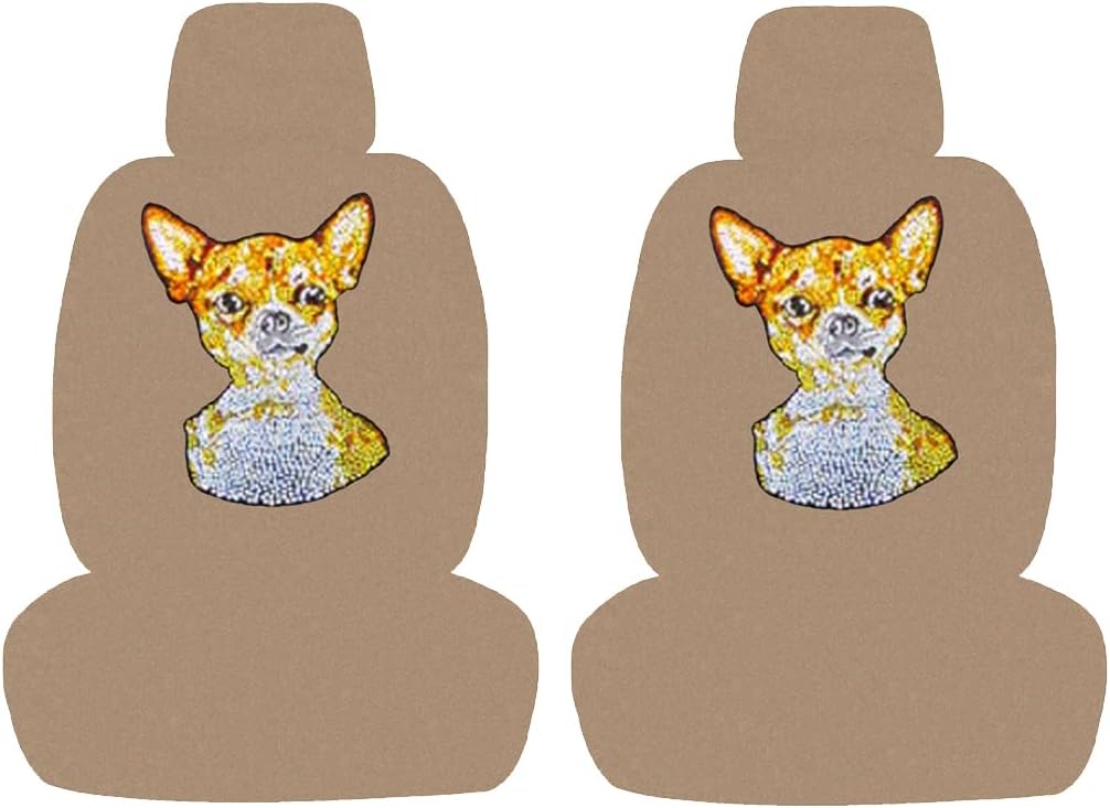 ALLBrand Universal Car SUV Truck Crystal Bling Rhinestone Studded Low Back Front Bucket Seat Cover with Separate Headrest Cover (New York/Beige)
