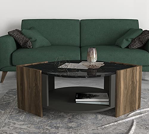 moebel17 Couchtisch Marbel Sofatisch Wohnzimmertisch Tisch fürs Wohnzimmer, Holz, Braun mit Marmor Optik, glänzende Tischplatte, großes Ablagefach, viel Stauraum, Designertisch, 75 x 40 x 75 cm 6061 – Bild 3