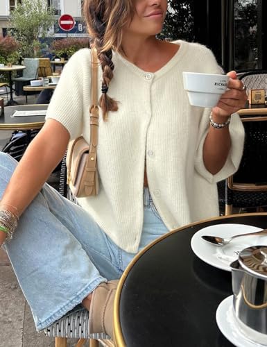 Image of Wyeysyt Womens Cropped Knitted Cardigan Y2K Short Sleeve Button Down Sweater Cardigan Shirt Casual Solid Color Ribbed Outwear