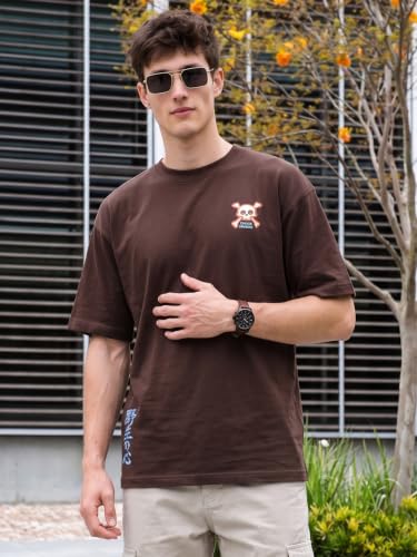 Image of Veirdo Men Bold Front & Back Printed Oversized Fit T-Shirt for Men, Cotton Fabric, Drop-Shoulder Streetwear Casual Graphic Tee, Stylish & Comfortable (OS VD UNTM BRN S)