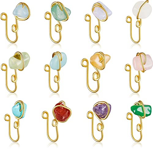 MTLEE 12 Pieces Crystal Stone Nose Cuff Rings African Nose Cuff Fake Nose Rings Adjustball Non Piercing African Rings for Women Men Girls