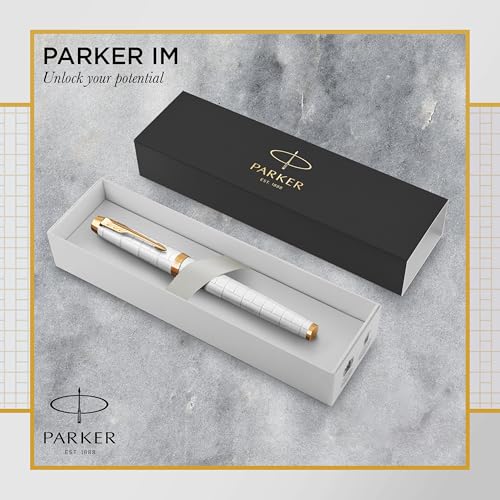 Image of Parker IM Rollerball Pen | Premium Pearl Lacquer with Gold Trim | Fine Nib with Black Ink Refill | Gift Box