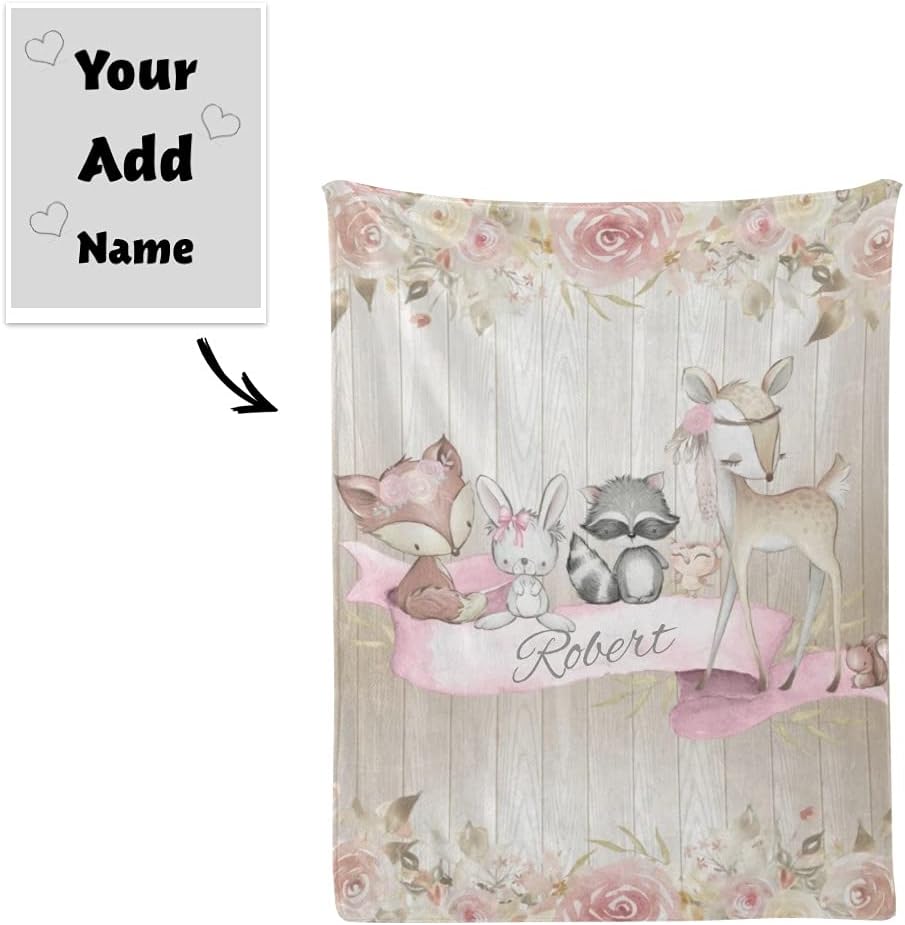 Animal Deer Fox Baby Baby Girl Blankets with Name Custom Personalized Baby Nursery Super Soft Fleece Blanket for Boy Girl Birthday 30x40 Inches