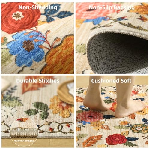 Machine Washable Runner Rug for Hallway: 2'6"x8' Kitchen Runners Rug with Rubber Backing Non Slip Stain Resistant Floral Floor Rug Soft Carpet Runners for Indoor Entryway Bedroom Bedside Living Room