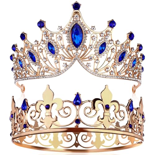 2 Pcs King and Queen Crowns Set King Crowns for Men Royal Crown with Blue Rhinestone Crystal Crowns for Women Crown Tiara Costume Headwear for Wedding Halloween Homecoming Party Decorations