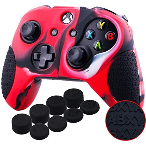 YoRHa Thickened Rubber Silicone Cover Skin Case 3D Letters Massage Grip for Xbox One S/X Controller x 1(Camouflage Red) With PRO Thumb Grips x 8 Cover