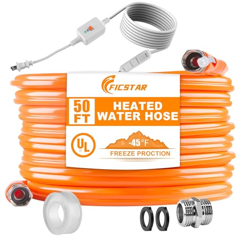 Ficstar 50FT Heated Water Hose for RV Heated Drinking Water Hose Antifreeze to -45F Water Heater Thermostat with Self-regulating Function 5/8 I.D. with 3/4 GHT Adapter Lead and BPA Free No Odor