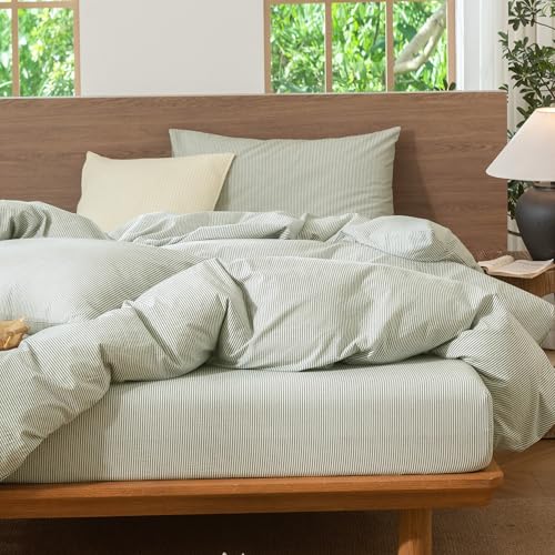 Image of MooMee Striped Duvet Cover Set 100% Washed Cotton Linen Like Queen | Relaxed Linen-like Texture. Soft, Breathable & Long-lasting Comfort. Lightweight. Hidden Zipper with 8 Interior Corner Ties