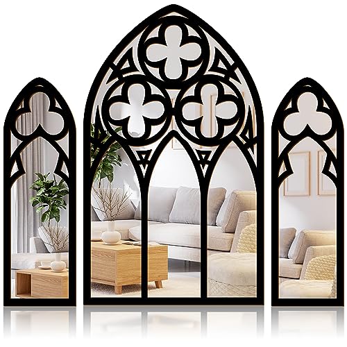 Image of 3 Pack Gothic Mirrors Wall Decor Vintage Cathedral Arch Frame Mirror Goth Room Decor 13.78 Inches Rustic Spooky Decorative Mirror Wall Hanging for Bedroom Bathroom Living Room (Silver)