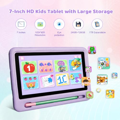 Image of Kids Tablet with Shockproof Case Stylus, Android 16 Tablet for Kids, 24GB RAM 128GB ROM 1TB TF Card Expand, Parental Control, Eye Protection, Dual Camera, 7 inch Tablet, WiFi 6 BT5.4, Purple