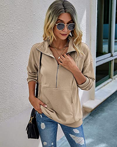 Image of PRETTYGARDEN Women's Casual Long Sleeve Zipper Sweatshirt Drawstring Loose Quarter Zip Pullover Tops with Pockets