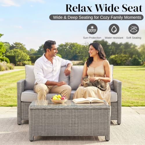 Image of DEVOKO 4PCS Patio Wicker Furniture Set Center Table Silver Grey Rattan Chairs and Grey Cushions Outdoor Furniture for Backyard, Garden, Blacony