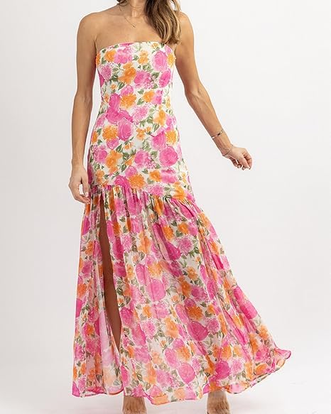 Image of Women 's Tube Top Dress Sleeveles Strapless Backless Mesh Patchwork Tropical Leopard Print High Slit Maxi Dress