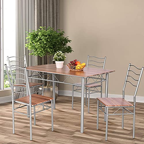 RELAX4LIFE Set Tavolo e 4 Sedie da Pranzo, 5 Pezzi, per 4 Persone, Tavolo Rettangolare da Cucina, 4 Sedie con Schienali，Per Bar, Cucina, Soggiorno (Modello 6-ARGENTO)