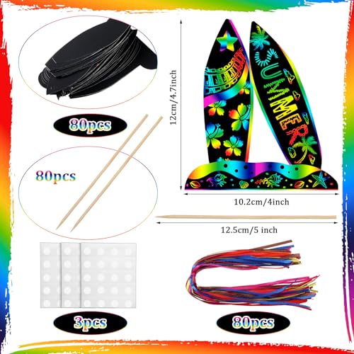 Motionchic 80 Pieces Summer Surfboard Scratch Cards Rainbow Surfing Themed Paper Crafts for Kids Tree Ornament with Wooden Stick and Ribbon for Birthday Party Supplies