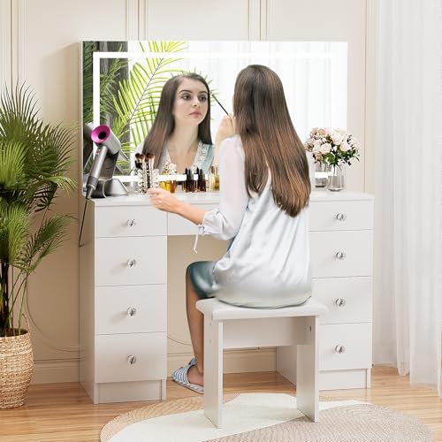 VOWNER Lighted Vanity Mirror - Makeup Desk with Power Outlet & Drawers, 3 Color Lighting Modes, White