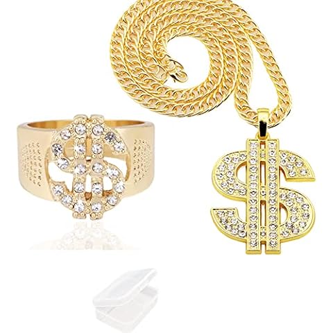 XHBTS 2 Pcs Mens Gold Plated Hip Hop Cz Inlay Dollar Sign Rings and Pendant Necklack with Storage Box Cover