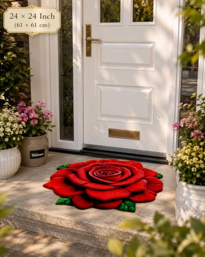 Image of 3D Rose & Floral Door Mat | Water Absorbent, Anti-Skid, Machine Washable Floor Mat | Soft Microfiber Carpet for Home, Living Room & Bedroom | Premium Decorative Mat (Red Rose with Leaf, Rose)