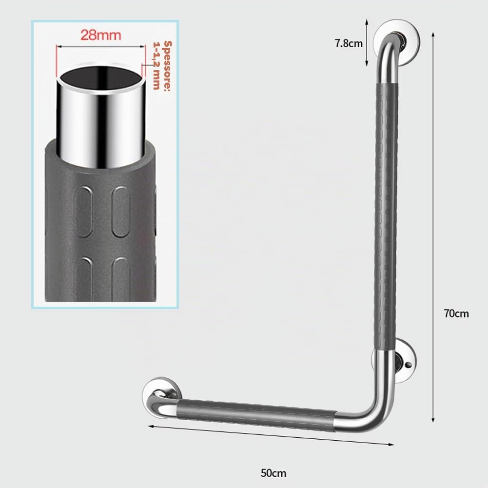 Maniglioni di Parete,Maniglione di Sicurezza a L in Acciaio inox per Bagno,Capacità di Carico 300 kg,Superficie AntiscivoloManiglione di Sicurezza per Doccia per Anziani(Size:70x50cm,Color:grey-left)