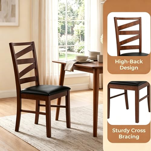 Image of COSTWAY Wooden Dining Chairs Set of 2, Farmhouse Kitchen Side Chair with High Back, PVC Leather Padded Seat, Armless Chairs for Dining Room, Living Room, Home Kitchen, Restaurant (Walnut & Black)