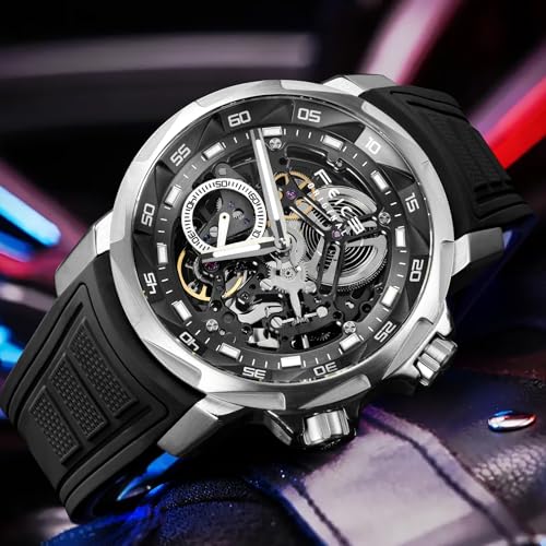 Image of FEICE FM511 Men's Automatic Skeleton Watch, Luxury Sapphire Crystal Glass Blue Dial Luminous Hands, 5ATM Waterproof Sport Wristwatch with Silicone Strap for Men, Casual Mechanical Watches for Men.