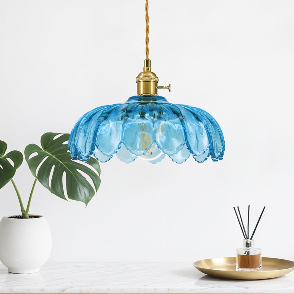 Lampada a sospensione blu a forma di loto, per tavolo da pranzo, in vetro vintage, con attacco E27, regolabile in altezza, moderna lampada a sospensione retrò, paralume in vetro di loto, di