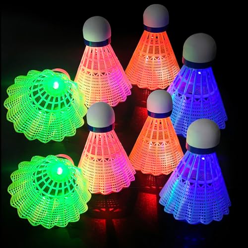SGZIOO 8 Stück LED Badminton Bälle, 4 Farben LED Nylon Federball Set, Federball Bälle, Leuchtende Federbälle mit Hoher Stabilität und Haltbarkeit für Indoor/Outdoor/Nacht Sportaktivitäten