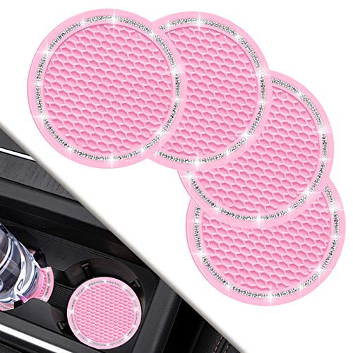 Car Coasters, 4 Pack Universal Vehicle Bling Car Coaster, COCASES Crystal Rhinestone Coaster for Cup Holders, Car Interior Accessories 2.75'' Silicone Anti Slip Car Coasters for Women ( Pink)