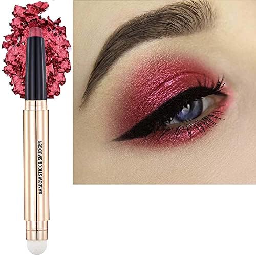 Rose Red Eyeshadow Stick 2 in 1 Eye Makeup Cream Glitter Shimmer Smooth Matte Palette Single Primer Eyeshadow Pencil, Hypoallergenic Waterproof Long Lasting Eye Shadow Stick