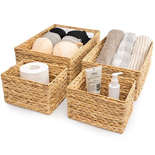 Image of Water Hyacinth Storage Baskets for Shelves Rectangular Wicker Basket for Organizing Bins for Pantry Bathroom Vanity Decorative Woven Baskets for Closet Organization Craft Wicker Basket Organizer Set 4