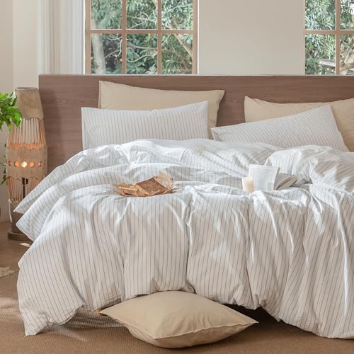 Image of MooMee Striped Duvet Cover Set 100% Washed Cotton Linen Like Alaska King | Relaxed Linen-like Texture. Soft, Breathable & Long-lasting Comfort. Lightweight. Hidden Zipper with 8 Interior Corner Ties