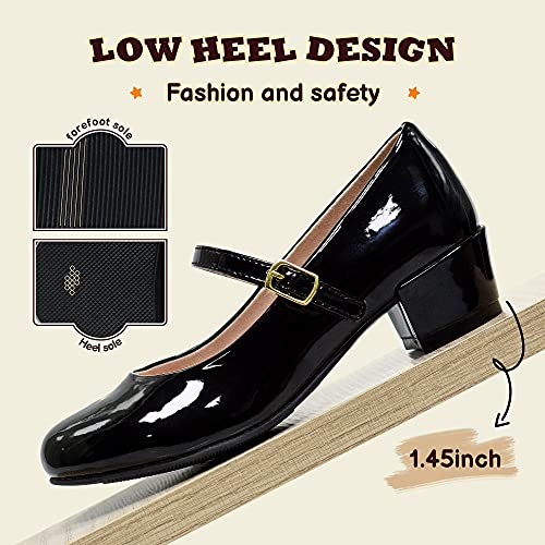 Image of Girls Dress Shoes Mary Jane Shoes for Girls Princess Wedding Party Flower Girl School Shoes Low Heel Flats for Little /Big Kids, Black, 2 Big Kid