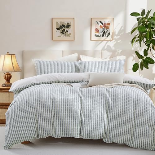 Image of Oli Anderson 100% Cotton Waffle Comforter Set King Size, 3 Pieces Lightweight Breathable All Season Bed Comforter, Soft Skin-Friendly Blanket for Bedroom Guest Room, Machine Washable, Green