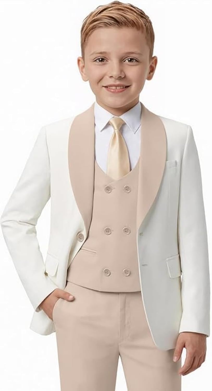 Boys 3 Piece Suits Kids Tuxedo Formal Double Breasted Vest Shawl Lapel Blazer Wedding Outfit Ring Bearer Suit