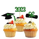 48 PCS 2023 Graduation Cupcake Toppers, Green Glitter Graduation Cupcake Decorations Class of 2023 G