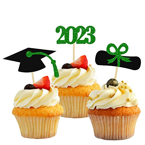 48 Pcs 2023 Graduation Cupcake Toppers, Green Glitter Graduation Cupcake Decorations Class Of 2023 Grad Cake Toppers Food Picks For Graduation Party Supplies #TOP3