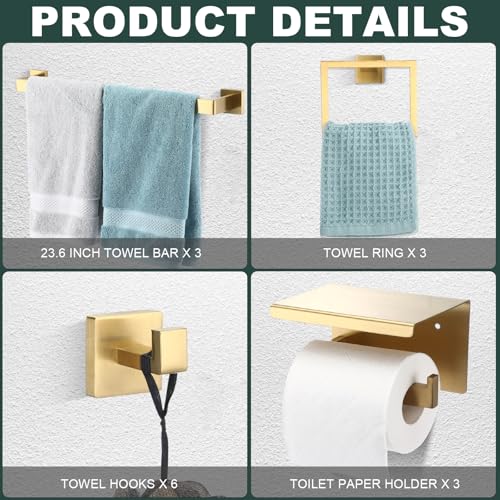 Image of 15 Pcs Bathroom Accessories Set, 24 Inch Bathroom Hardware Set, Stainless Steel Bath Towel Bar, Towel Racks, Robe Hook, Toilet Paper Holder with Phone Shelf Wall Mounted for Gifts (Gold)