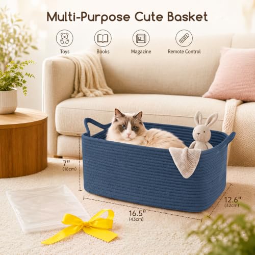 Image of OIASKET Large Empty Cotton Rope Gift Basket with Handles, 16.5 inchx12.6 inchx7 inch Decorative Woven Storage Basket with Gift Bag and Ribbon Set for Baby Shower, Toy Organizer for Kids, Dogs & Cats - Blue