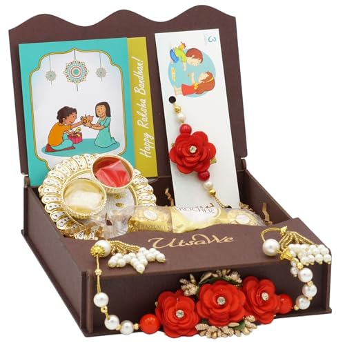 Rakhi Gift Box | Rakhi Gift Hamper made with a Blossom Lumba Bhaiya Bhabhi Rakhi, Roli, Chaval, Mini Thali Set, Greeting Card, and Chocolates | Rakhi Set | Rakhi Gift Set | Rakhi Bracelet Hamper | Couple Rakhi | Lumba Rakhi | Bhaiya Bhabhi Rakhi Set