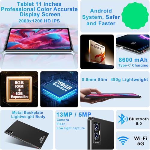 Image of 2026 Lastest Tablet 11 Inch Android Tablet with16GB + 256GB + 2TB Expand, 8600mAh, Support Octa-Core 2.0 GHz, 5G WiFi, 2000 * 1200, GMS, 5MP + 13MP Dual Camera, Bluetooth 5.0, Tablet with Case, Black