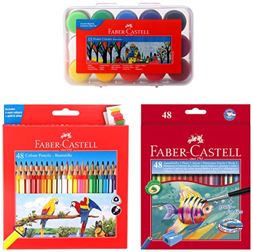 Image of Faber-Castell 48 Triangular Colour Pencils & Poster Color Plastic Box - Pack of 15 & Design Series Aquarelle Full Length Water Color Pencils - 48 Shades