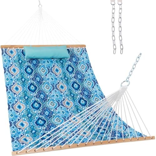 Lazy Daze Hammocks 12FT Quilted Fabric Hammock with Pillow, Double 2 Person Hammock with Spreader Bar for Outdoor Outside Patio Garden Yard Pool Beach QFH037 Floral Auqa